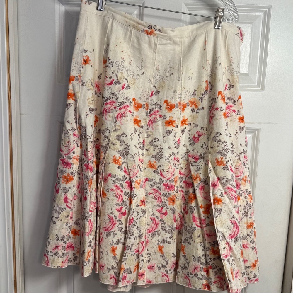 Prairie Floral Pleated Midi Skirt Cream Pink Linen Blend Women's Sz PXL Whimsy